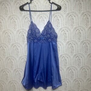 Petra Fashions Women's Blue Lace Trim Satin Babydoll Lingerie Nightgown M